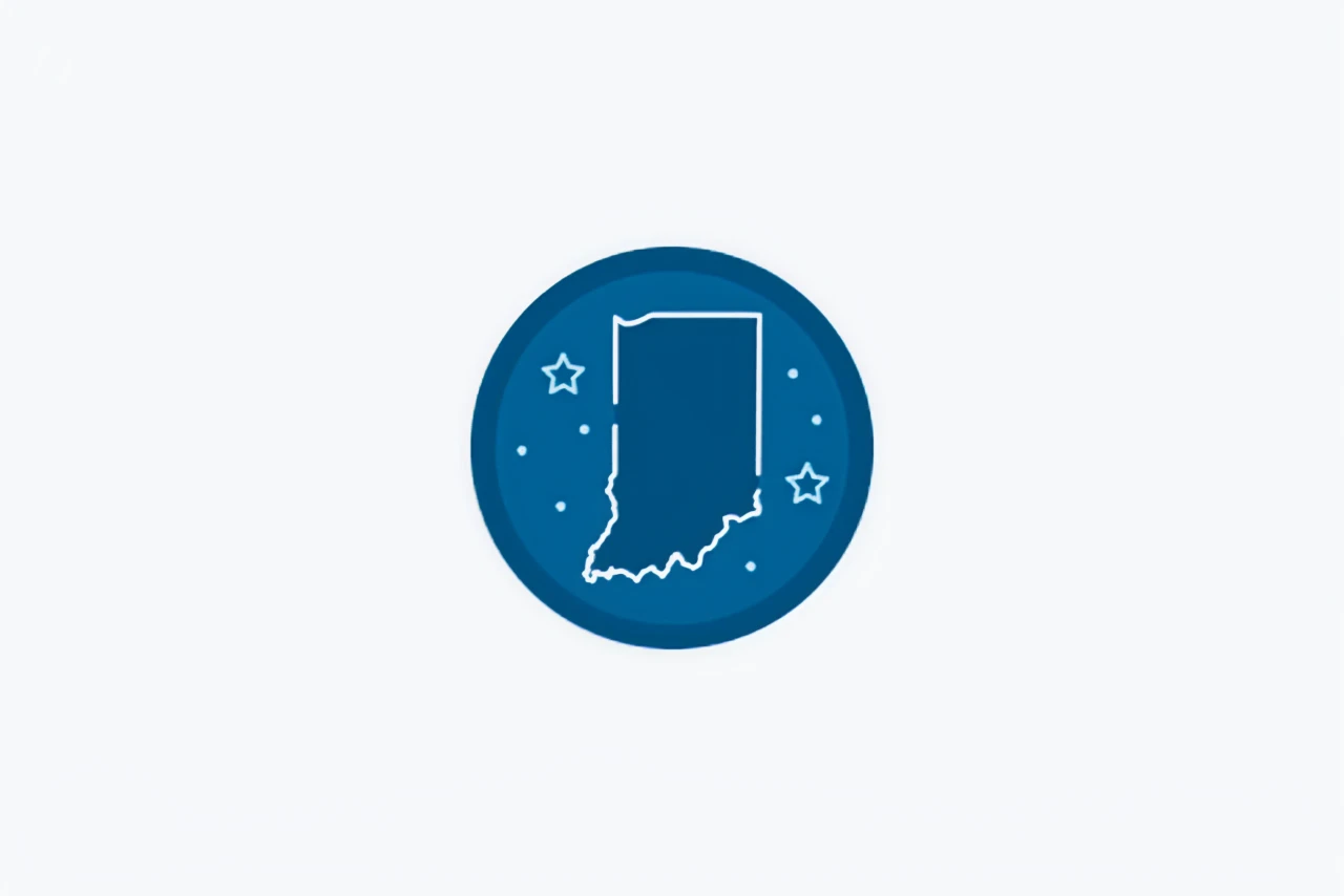 An icon features a blue circle containing a white outline of the state of Indiana, surrounded by four white stars.